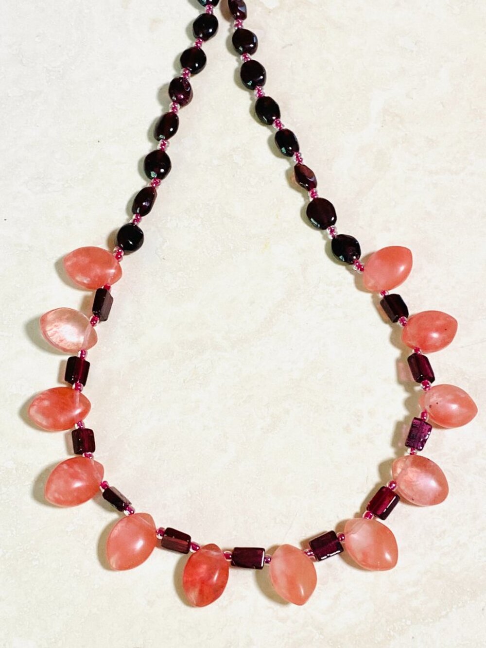 Garnet & Cherry Quartz Teardrop Statement Necklace, Gemstone Beaded Jewelry